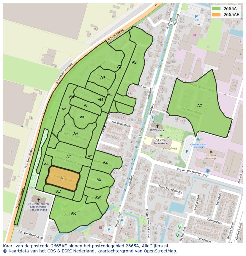 Afbeelding van het postcodegebied 2665 AE op de kaart.