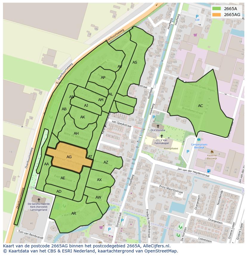 Afbeelding van het postcodegebied 2665 AG op de kaart.