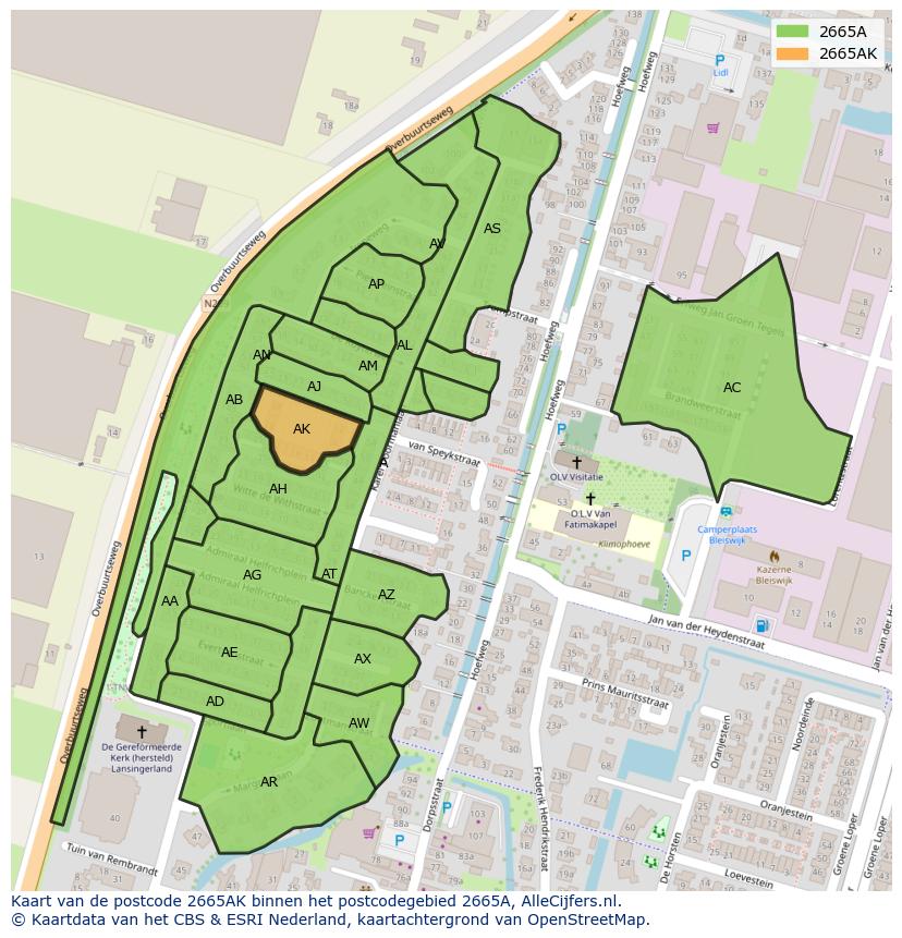 Afbeelding van het postcodegebied 2665 AK op de kaart.