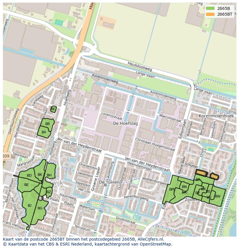 Afbeelding van het postcodegebied 2665 BT op de kaart.