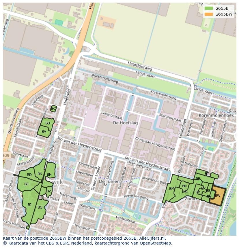 Afbeelding van het postcodegebied 2665 BW op de kaart.