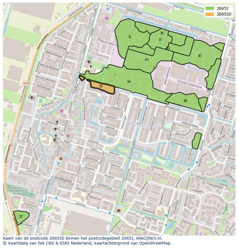 Afbeelding van het postcodegebied 2665 JD op de kaart.