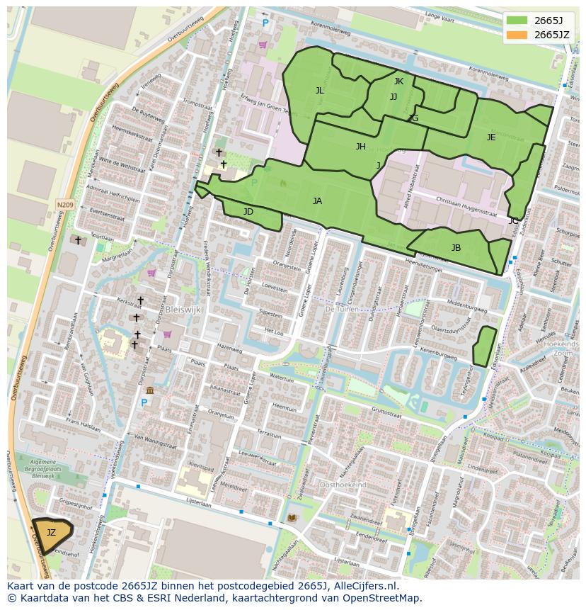 Afbeelding van het postcodegebied 2665 JZ op de kaart.
