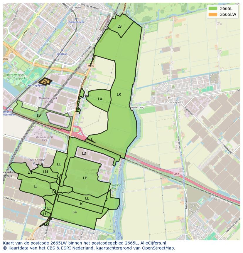 Afbeelding van het postcodegebied 2665 LW op de kaart.