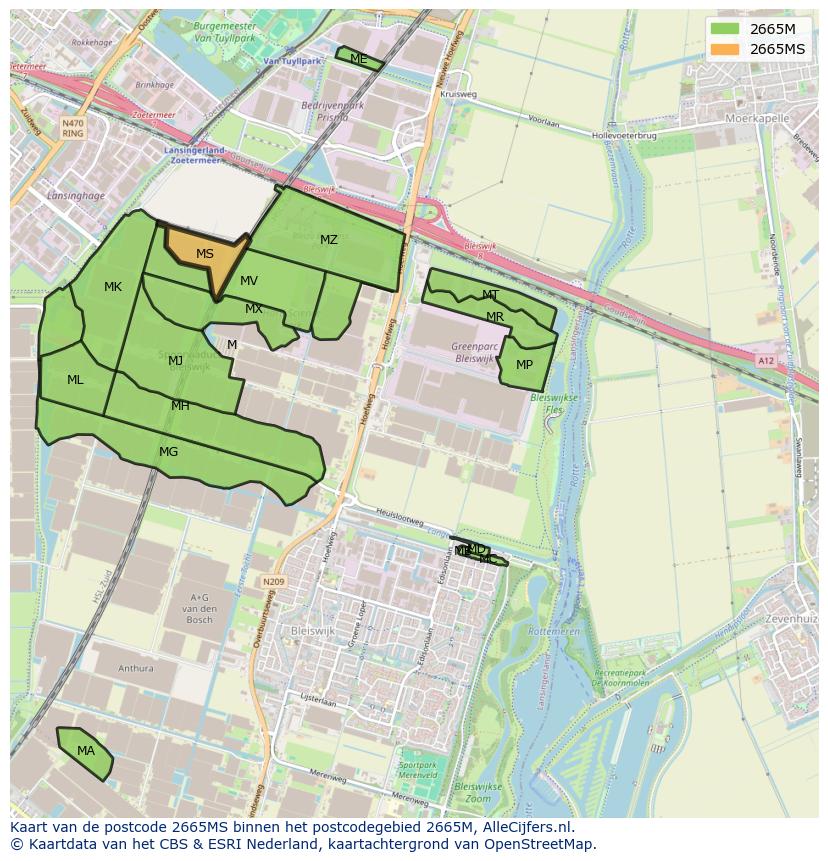 Afbeelding van het postcodegebied 2665 MS op de kaart.