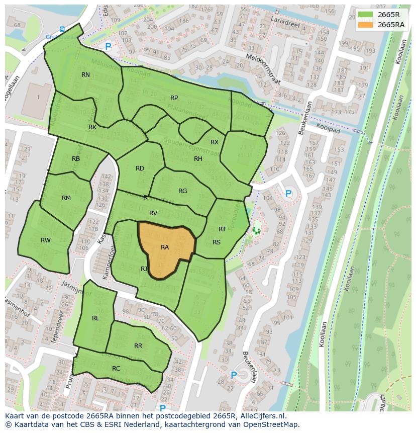 Afbeelding van het postcodegebied 2665 RA op de kaart.