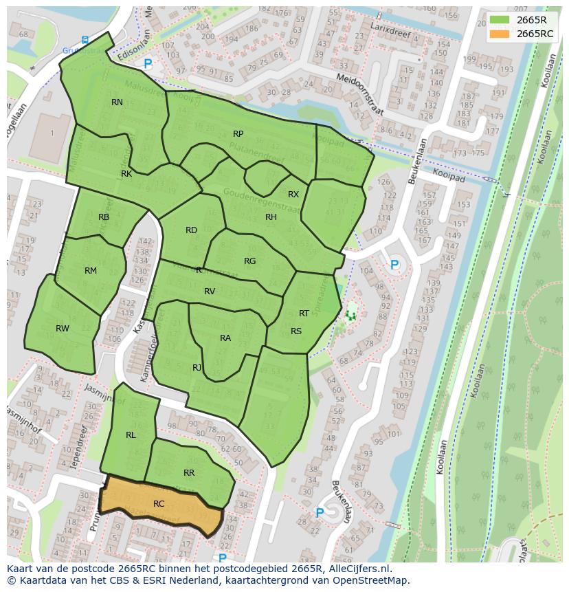 Afbeelding van het postcodegebied 2665 RC op de kaart.