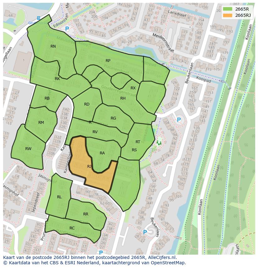 Afbeelding van het postcodegebied 2665 RJ op de kaart.