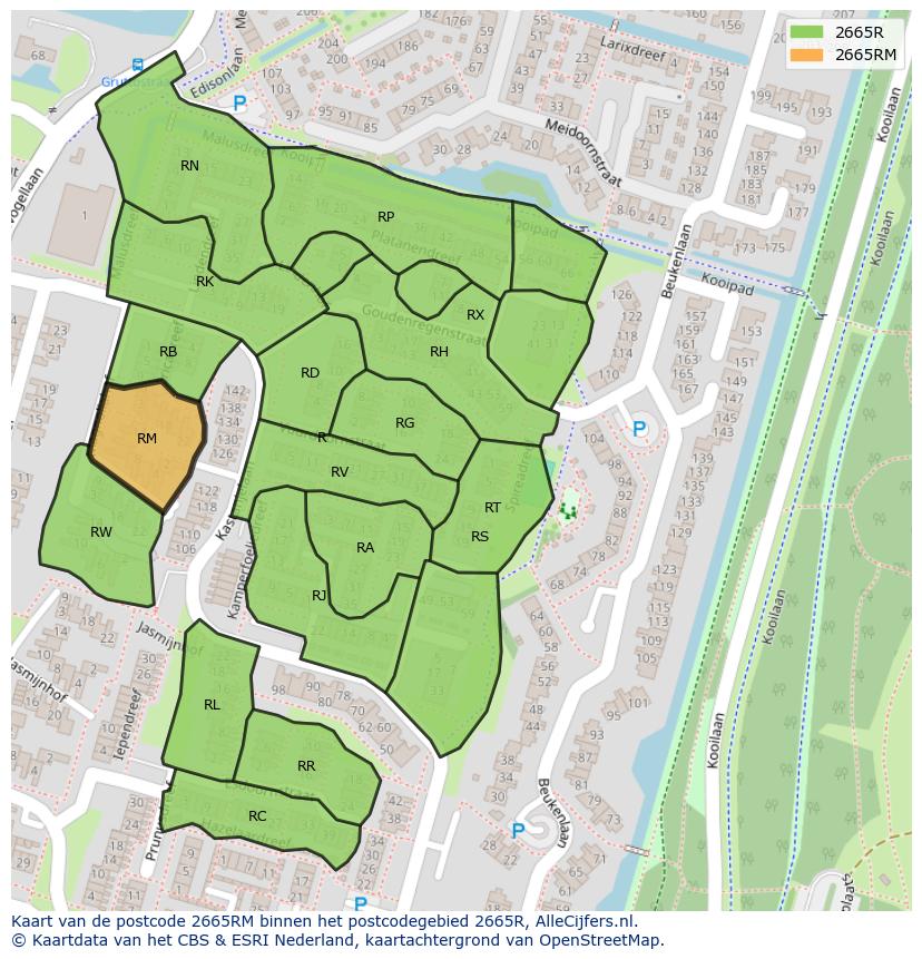 Afbeelding van het postcodegebied 2665 RM op de kaart.