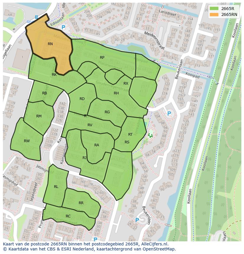 Afbeelding van het postcodegebied 2665 RN op de kaart.