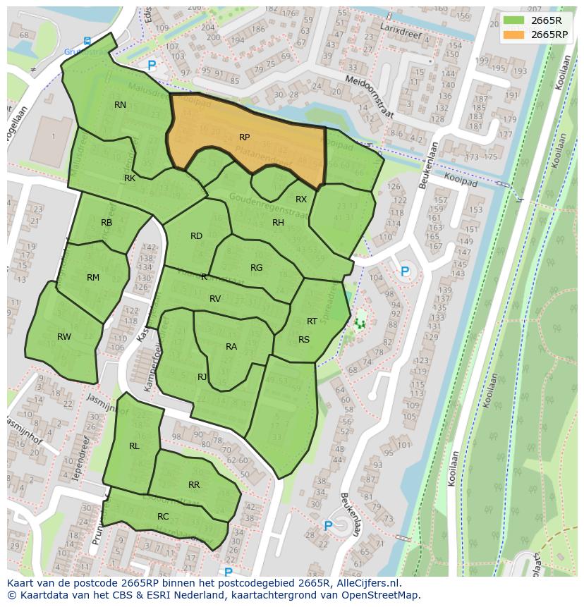Afbeelding van het postcodegebied 2665 RP op de kaart.