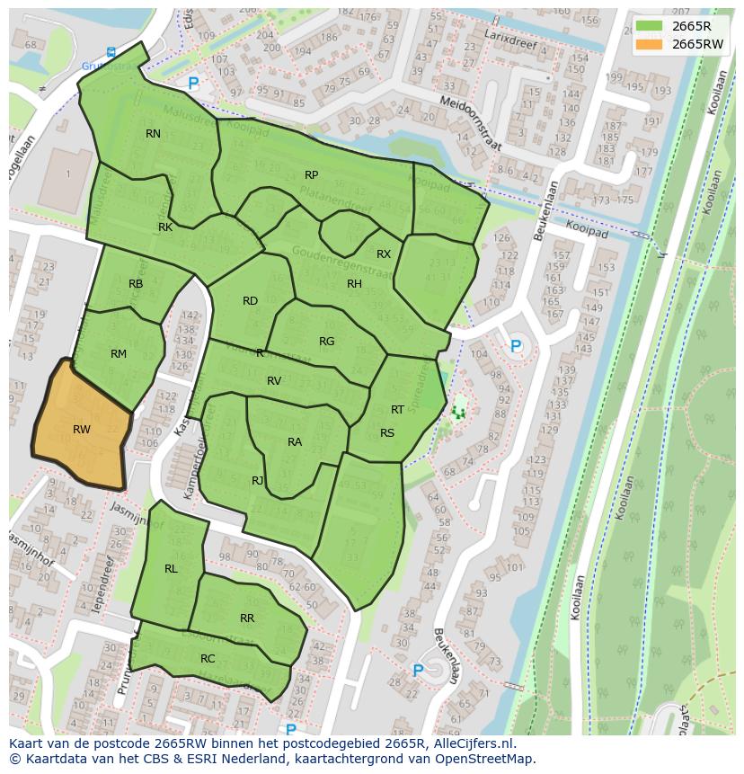 Afbeelding van het postcodegebied 2665 RW op de kaart.