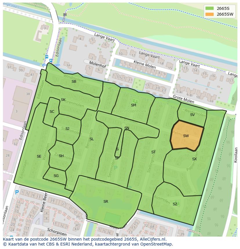 Afbeelding van het postcodegebied 2665 SW op de kaart.