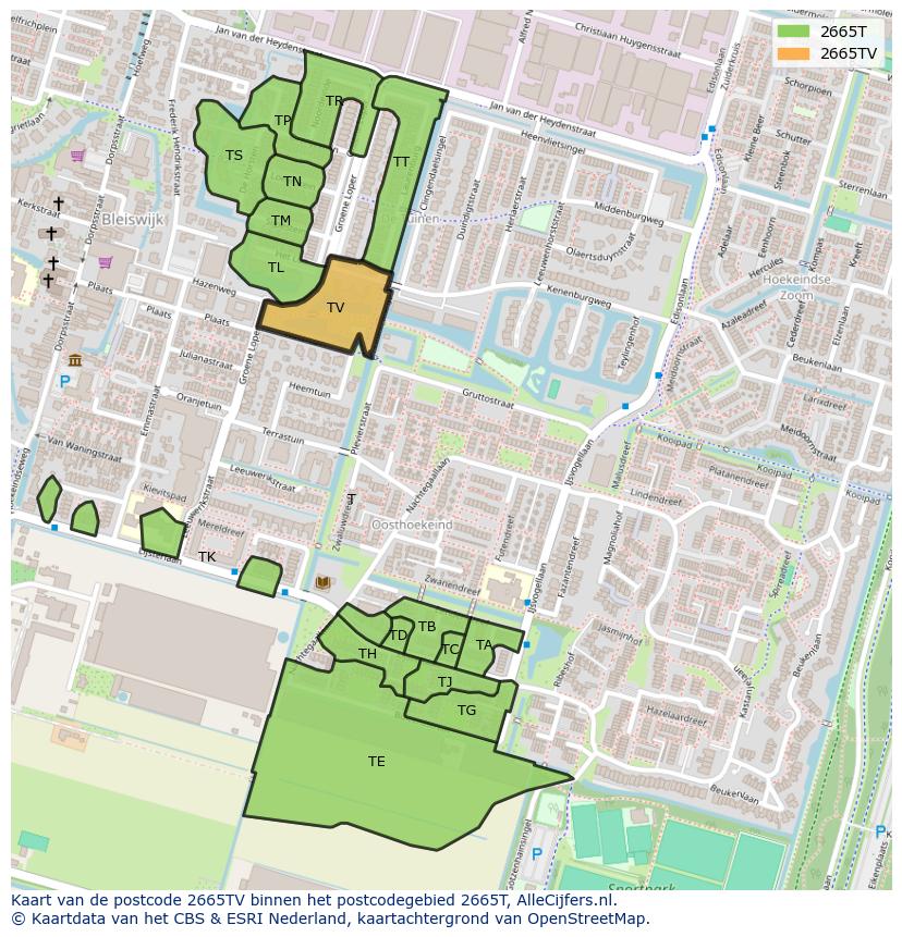 Afbeelding van het postcodegebied 2665 TV op de kaart.