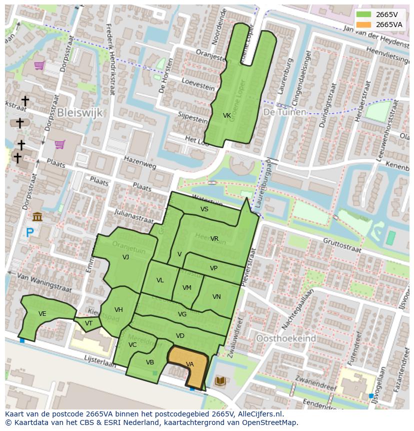 Afbeelding van het postcodegebied 2665 VA op de kaart.