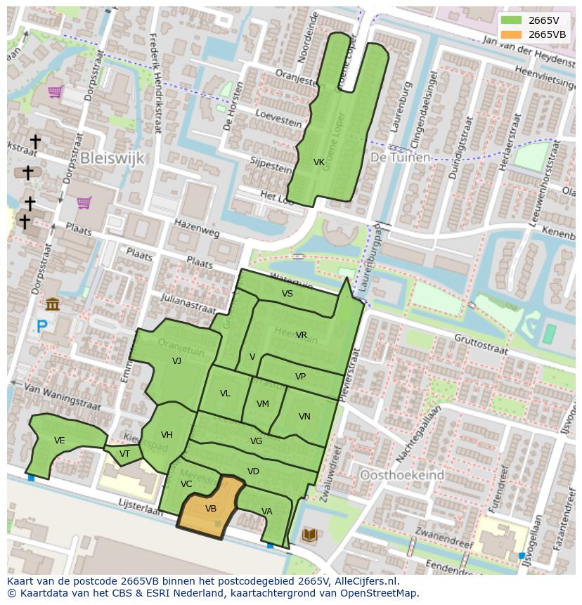 Afbeelding van het postcodegebied 2665 VB op de kaart.