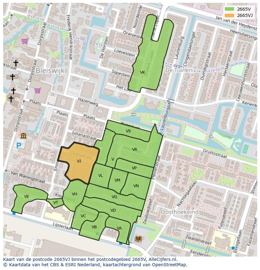 Afbeelding van het postcodegebied 2665 VJ op de kaart.