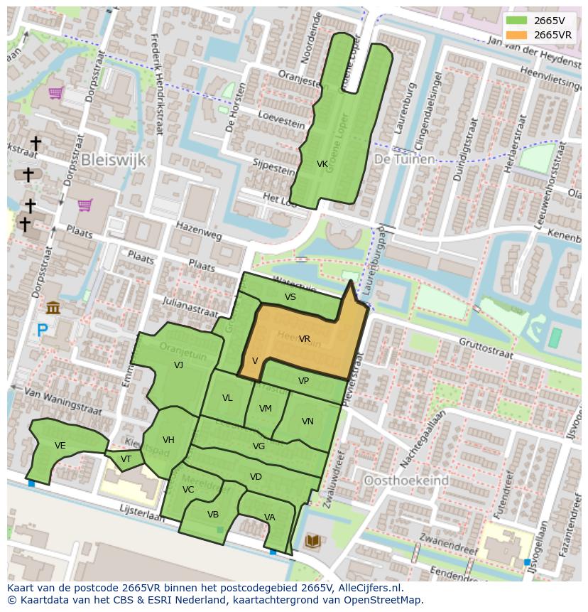 Afbeelding van het postcodegebied 2665 VR op de kaart.