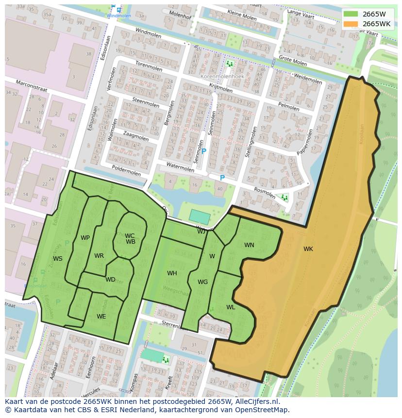 Afbeelding van het postcodegebied 2665 WK op de kaart.