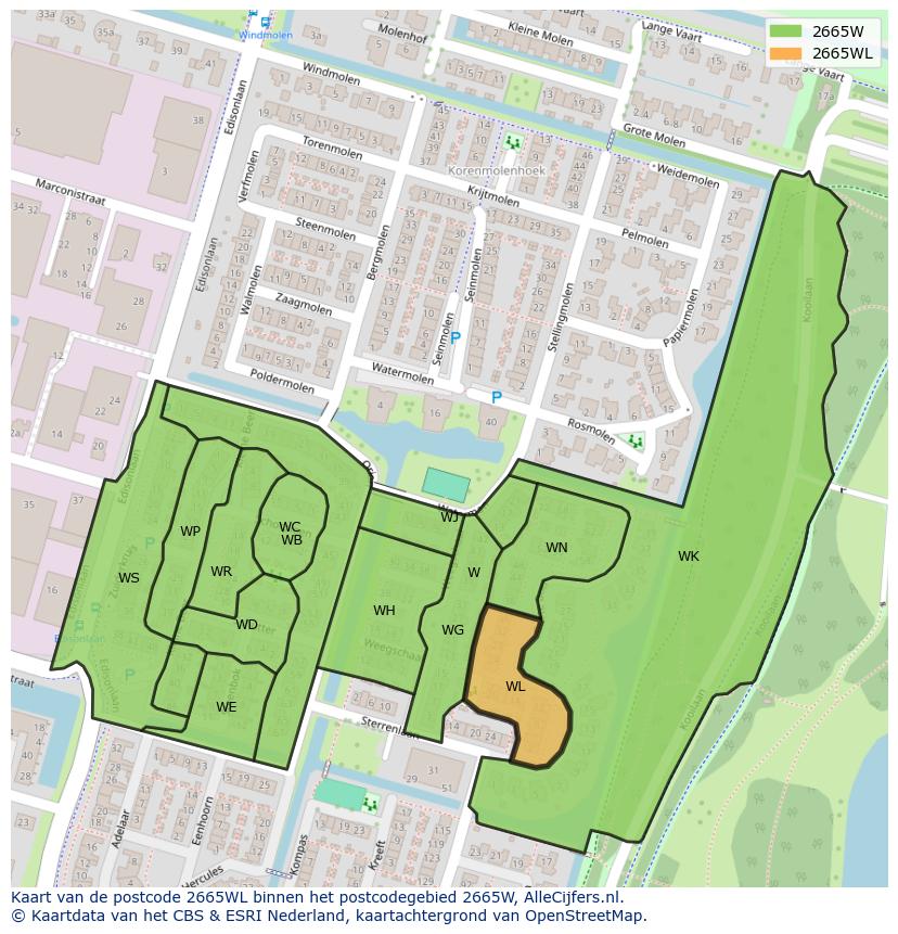 Afbeelding van het postcodegebied 2665 WL op de kaart.