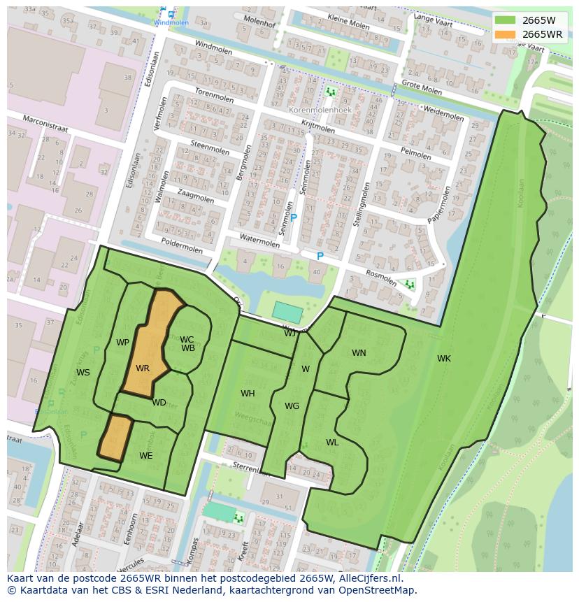 Afbeelding van het postcodegebied 2665 WR op de kaart.