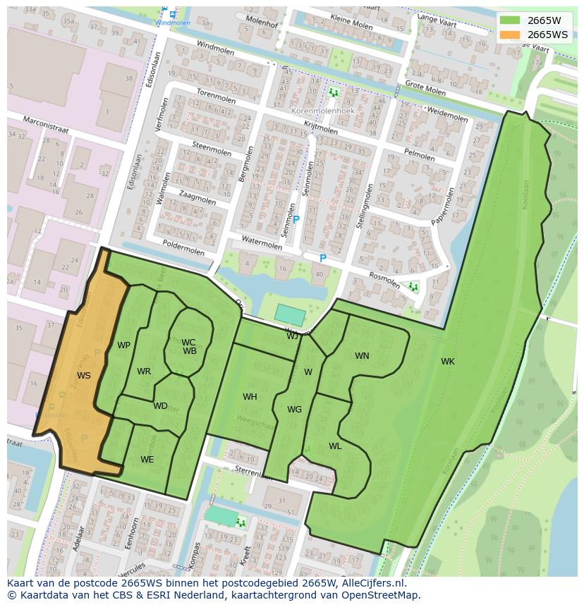 Afbeelding van het postcodegebied 2665 WS op de kaart.