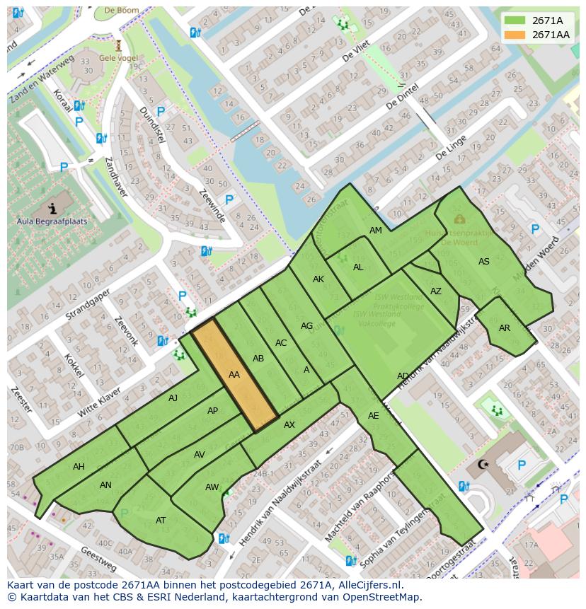 Afbeelding van het postcodegebied 2671 AA op de kaart.