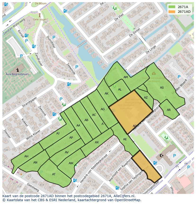 Afbeelding van het postcodegebied 2671 AD op de kaart.