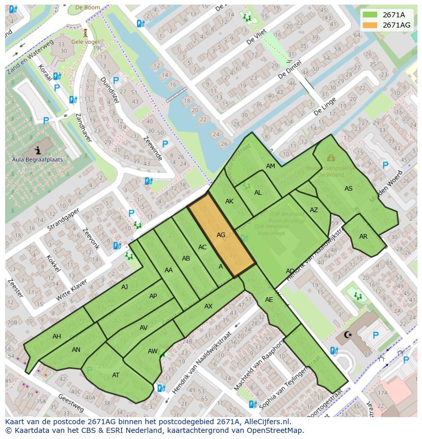 Afbeelding van het postcodegebied 2671 AG op de kaart.