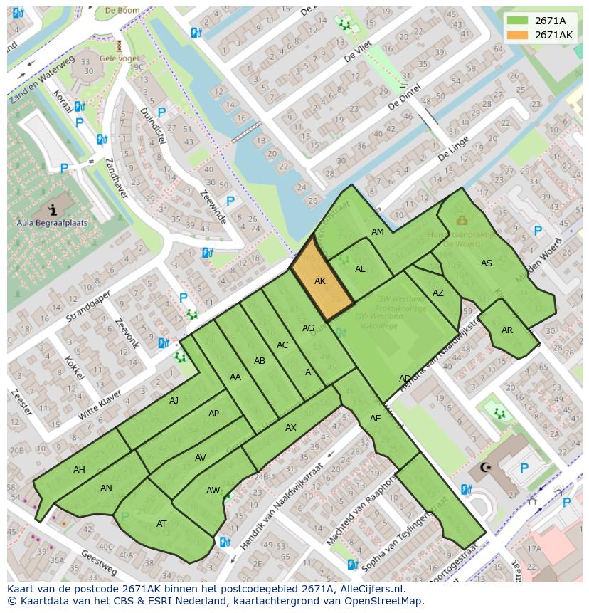 Afbeelding van het postcodegebied 2671 AK op de kaart.