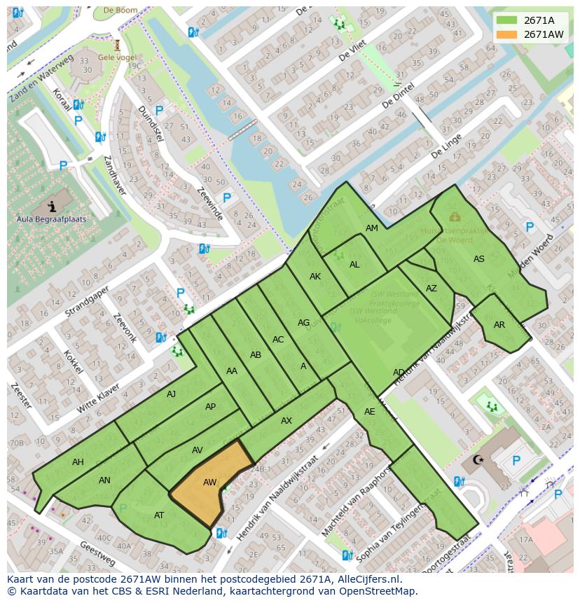 Afbeelding van het postcodegebied 2671 AW op de kaart.