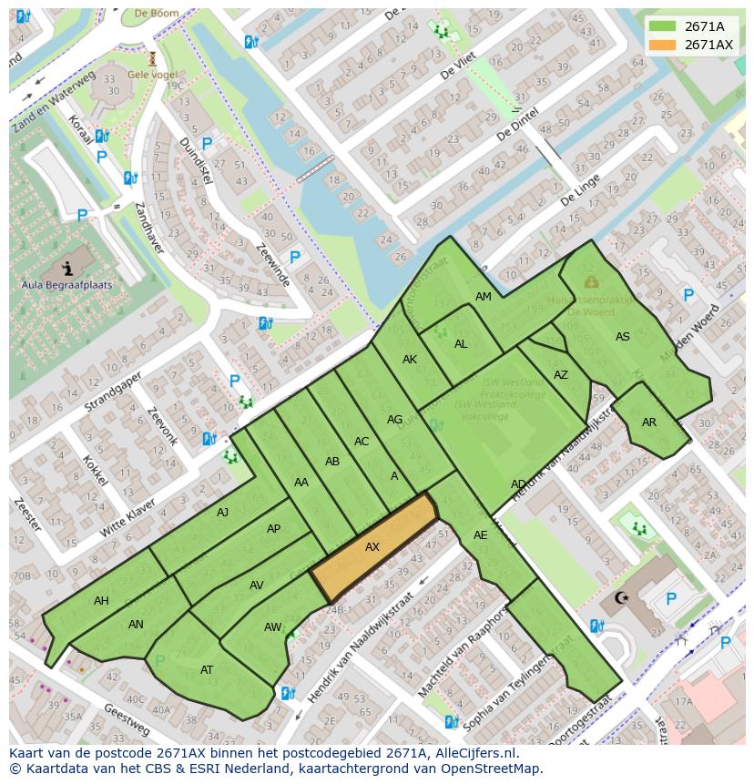 Afbeelding van het postcodegebied 2671 AX op de kaart.
