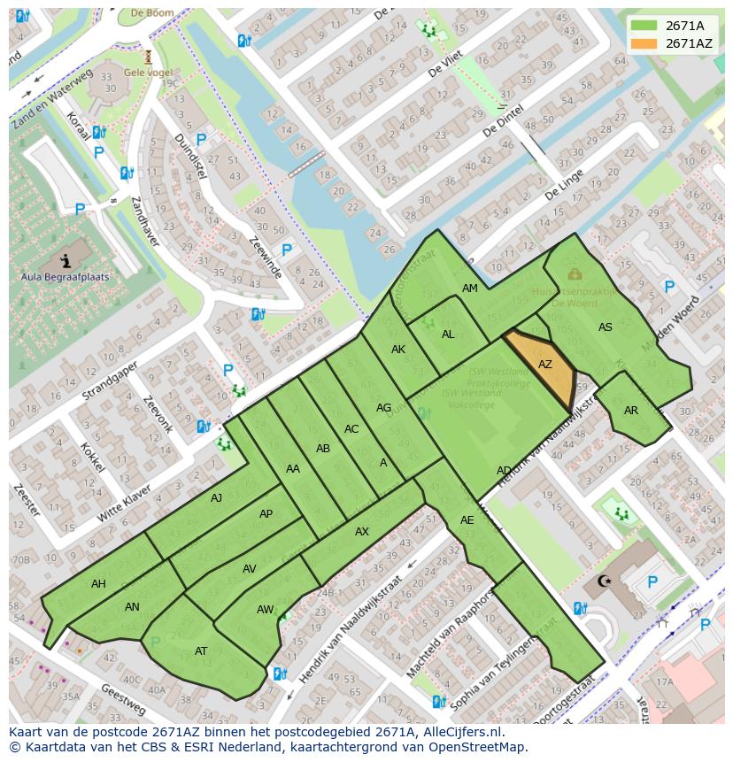 Afbeelding van het postcodegebied 2671 AZ op de kaart.