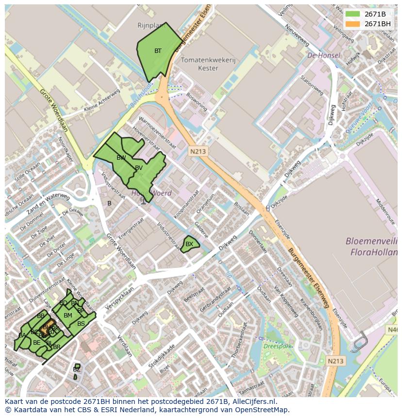 Afbeelding van het postcodegebied 2671 BH op de kaart.