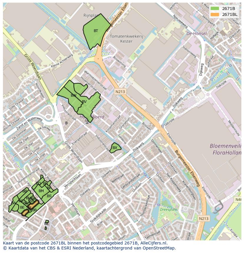 Afbeelding van het postcodegebied 2671 BL op de kaart.