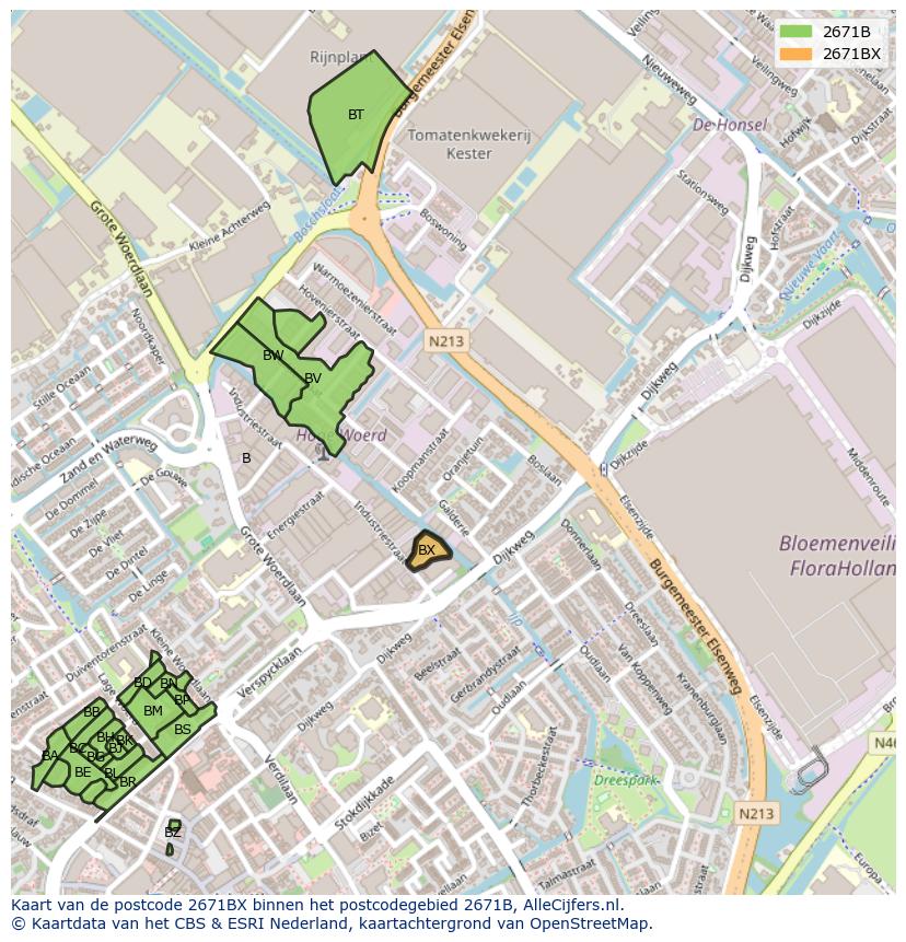 Afbeelding van het postcodegebied 2671 BX op de kaart.