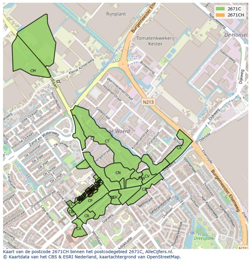 Afbeelding van het postcodegebied 2671 CH op de kaart.
