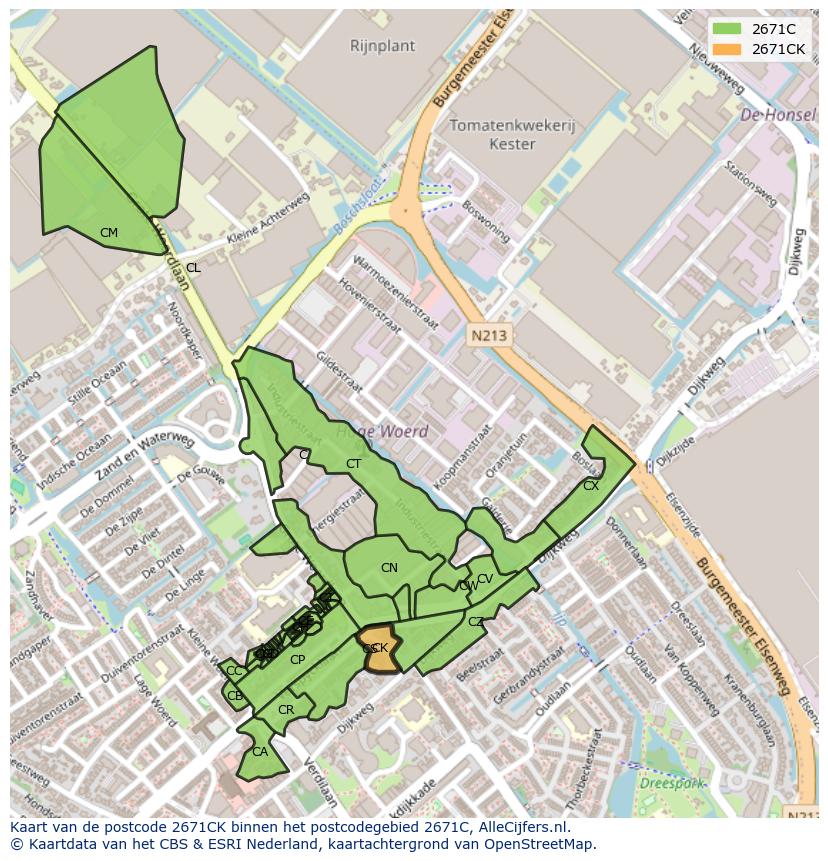 Afbeelding van het postcodegebied 2671 CK op de kaart.