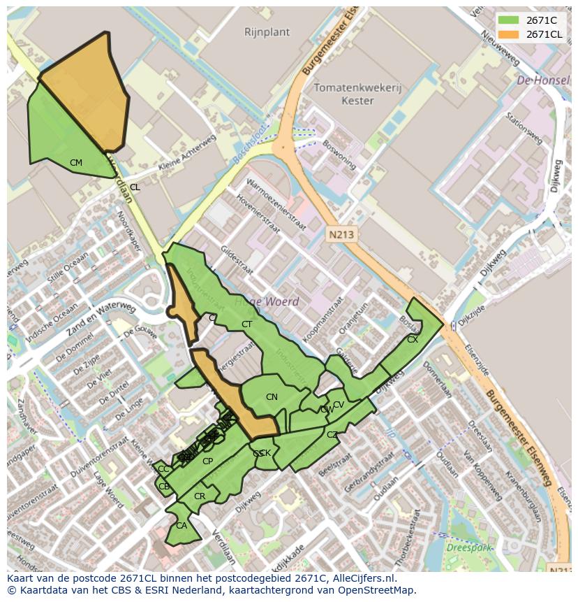 Afbeelding van het postcodegebied 2671 CL op de kaart.