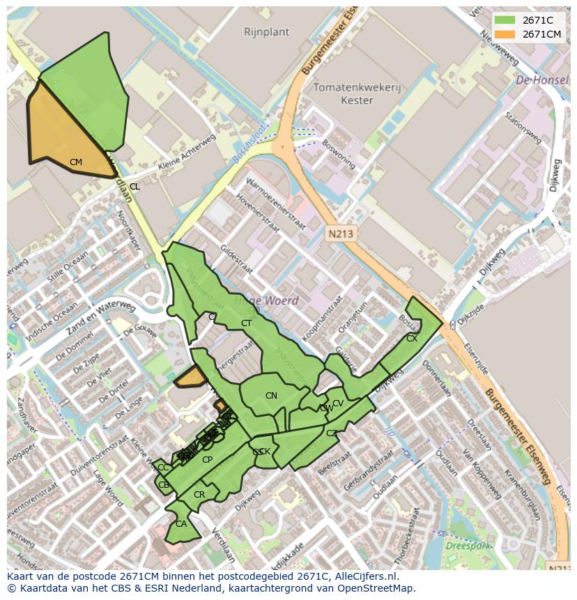Afbeelding van het postcodegebied 2671 CM op de kaart.