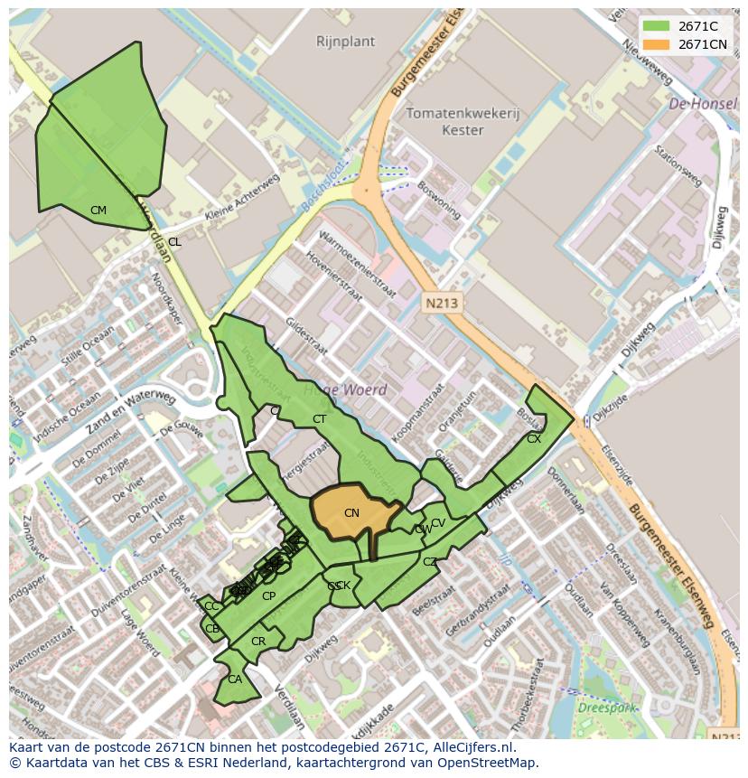 Afbeelding van het postcodegebied 2671 CN op de kaart.