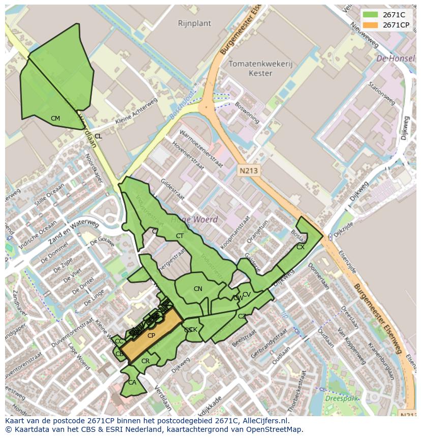 Afbeelding van het postcodegebied 2671 CP op de kaart.