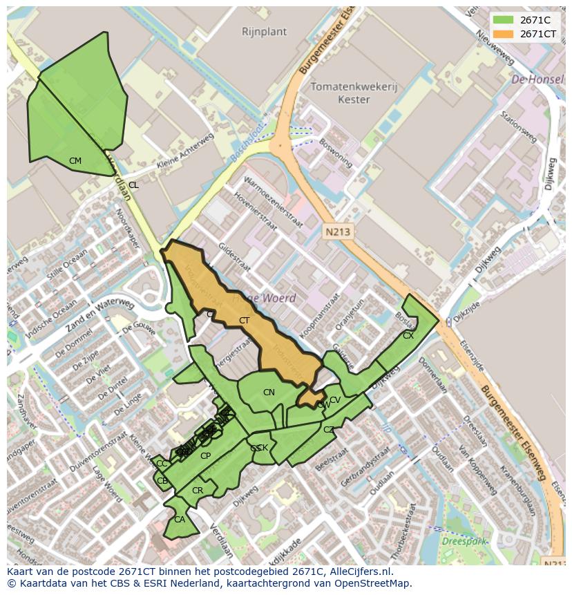 Afbeelding van het postcodegebied 2671 CT op de kaart.