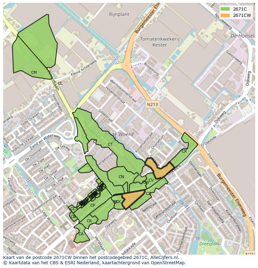 Afbeelding van het postcodegebied 2671 CW op de kaart.
