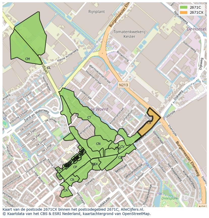 Afbeelding van het postcodegebied 2671 CX op de kaart.