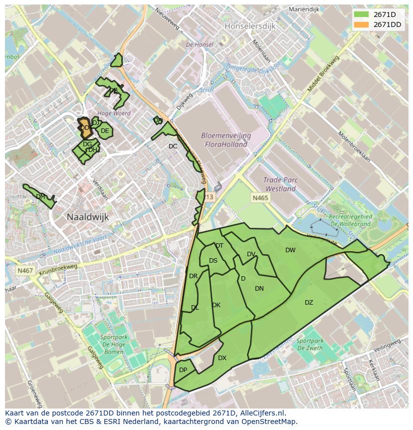 Afbeelding van het postcodegebied 2671 DD op de kaart.