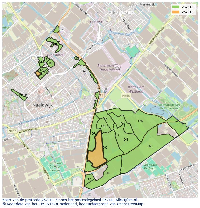 Afbeelding van het postcodegebied 2671 DL op de kaart.