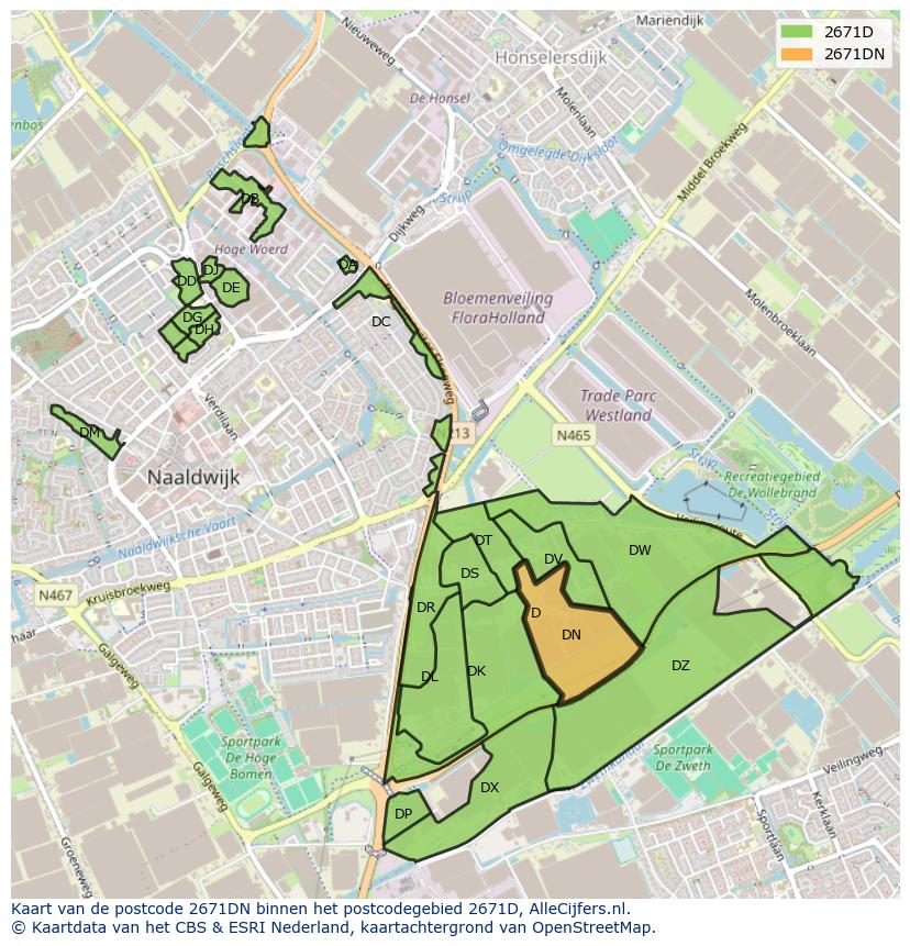 Afbeelding van het postcodegebied 2671 DN op de kaart.