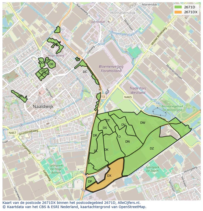 Afbeelding van het postcodegebied 2671 DX op de kaart.