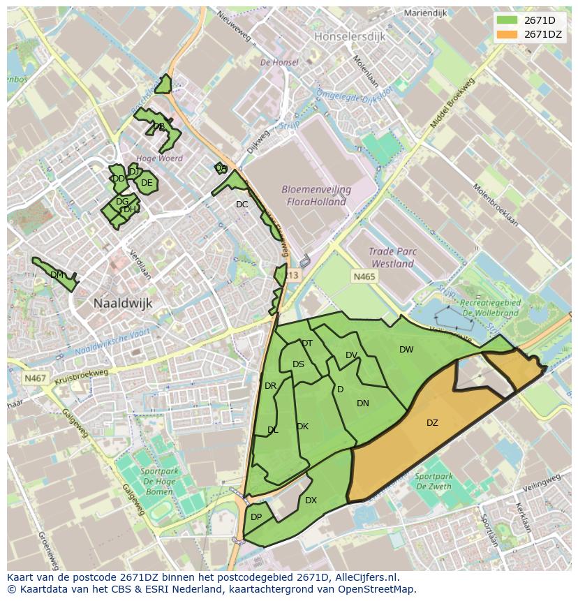 Afbeelding van het postcodegebied 2671 DZ op de kaart.